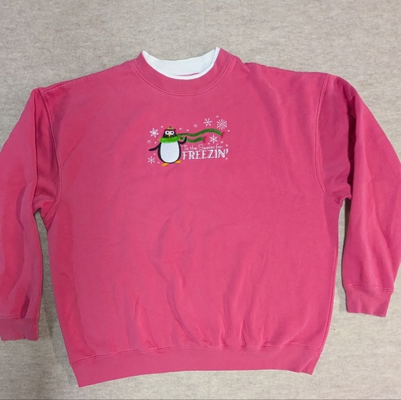 MC Sportswear Tops - Pink Double Crewneck Cute Embroidered Penguin Winter Design Vintage Size XL